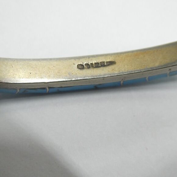 Sterling Silver & Turquoise Inlaid Hinged Bangle Bracelet Vintage - Picture 5 of 15